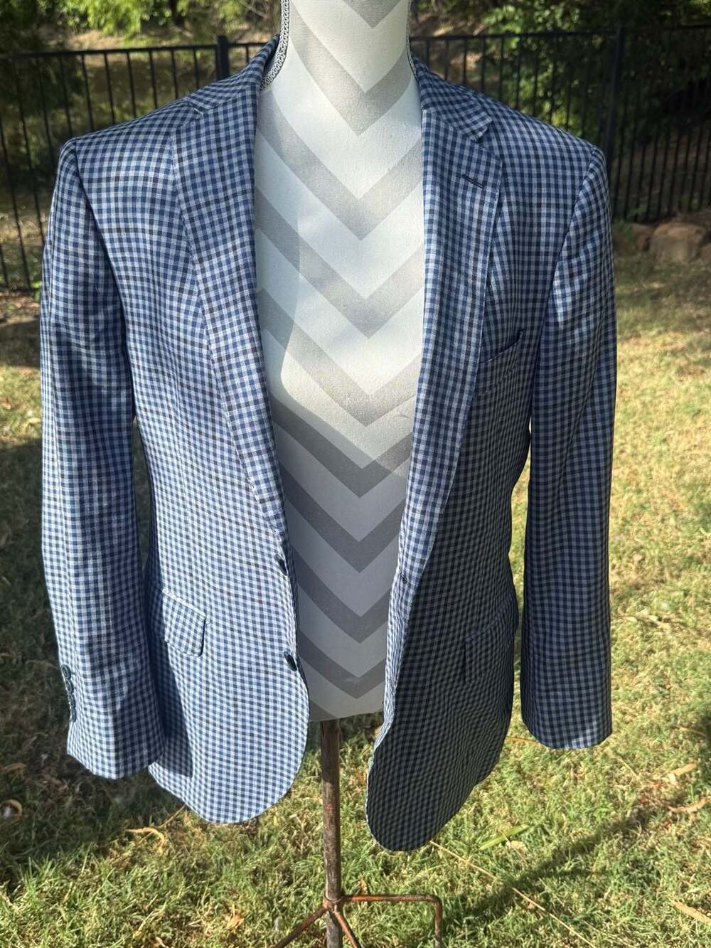 Mantoni Suit Jacket Size 38 Premium Super 140's Wool Blue Gingham Check